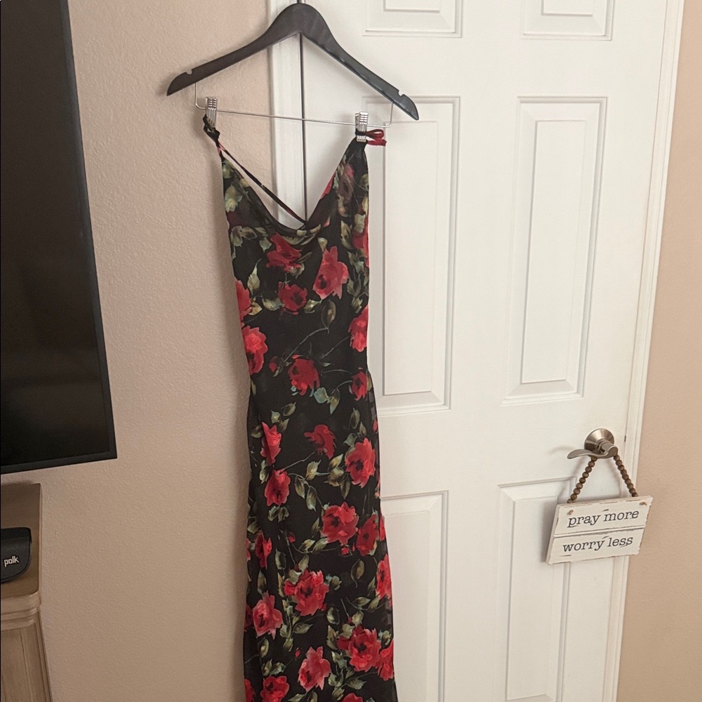 Black Strapless Floral Slip Dress with Red Rose Print